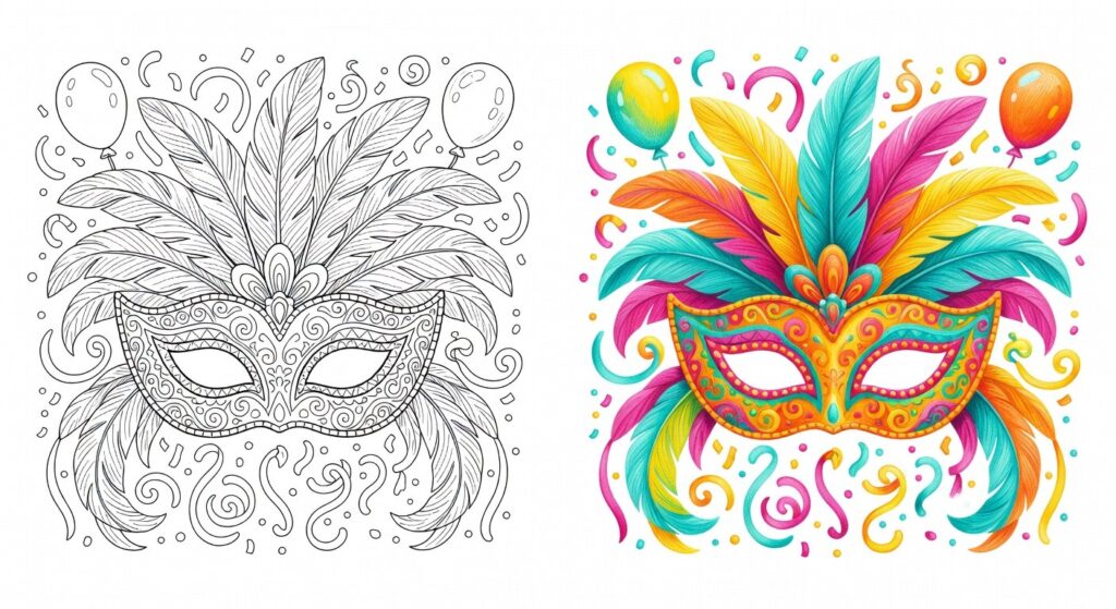 Maschera di Carnevale colorata con piume e motivi vivaci