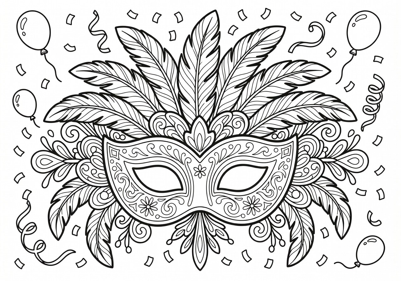 Disegno da colorare di maschera di Carnevale con dettagli intricati