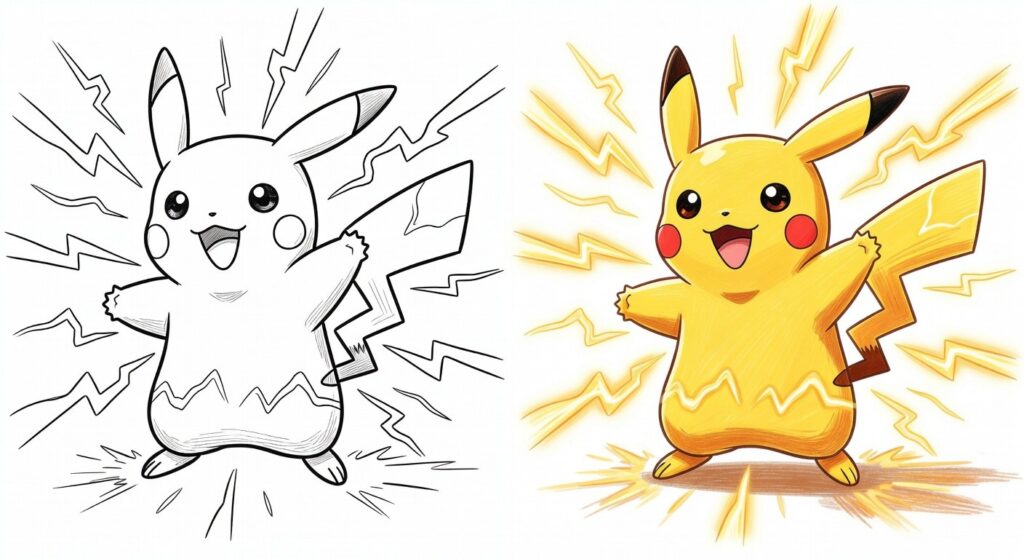 Immagine principale di Pikachu con ombre e luci energiche per colorare
